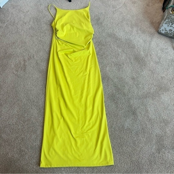 Zara lime green yellow ruched bodycon spaghetti strap maxi dress Sz L NWOT - Picture 3 of 12